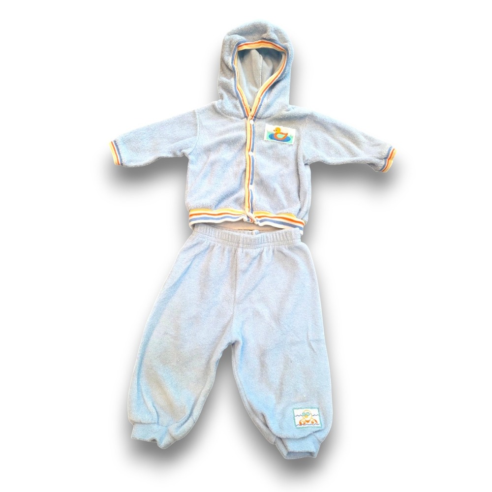 Vintage 80s Carter's Outfit Blue Terry Bath Set Rubber Duckie Baby Boy 6m